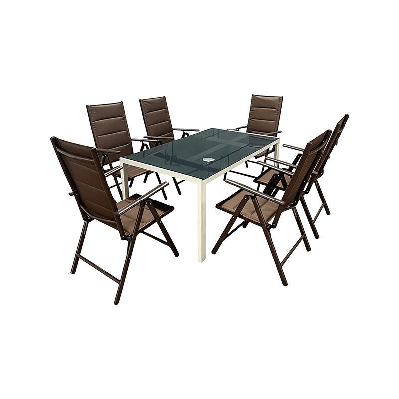 Juego de comedor de patio al aire libre para 6 personas con mesa de cristal